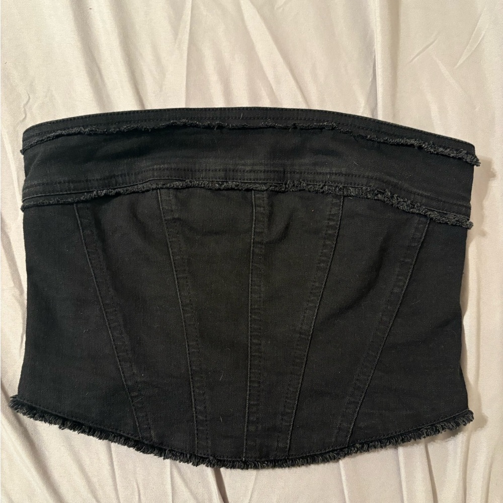 Urban Outfitters Black Frayed Denim Strapless Top
